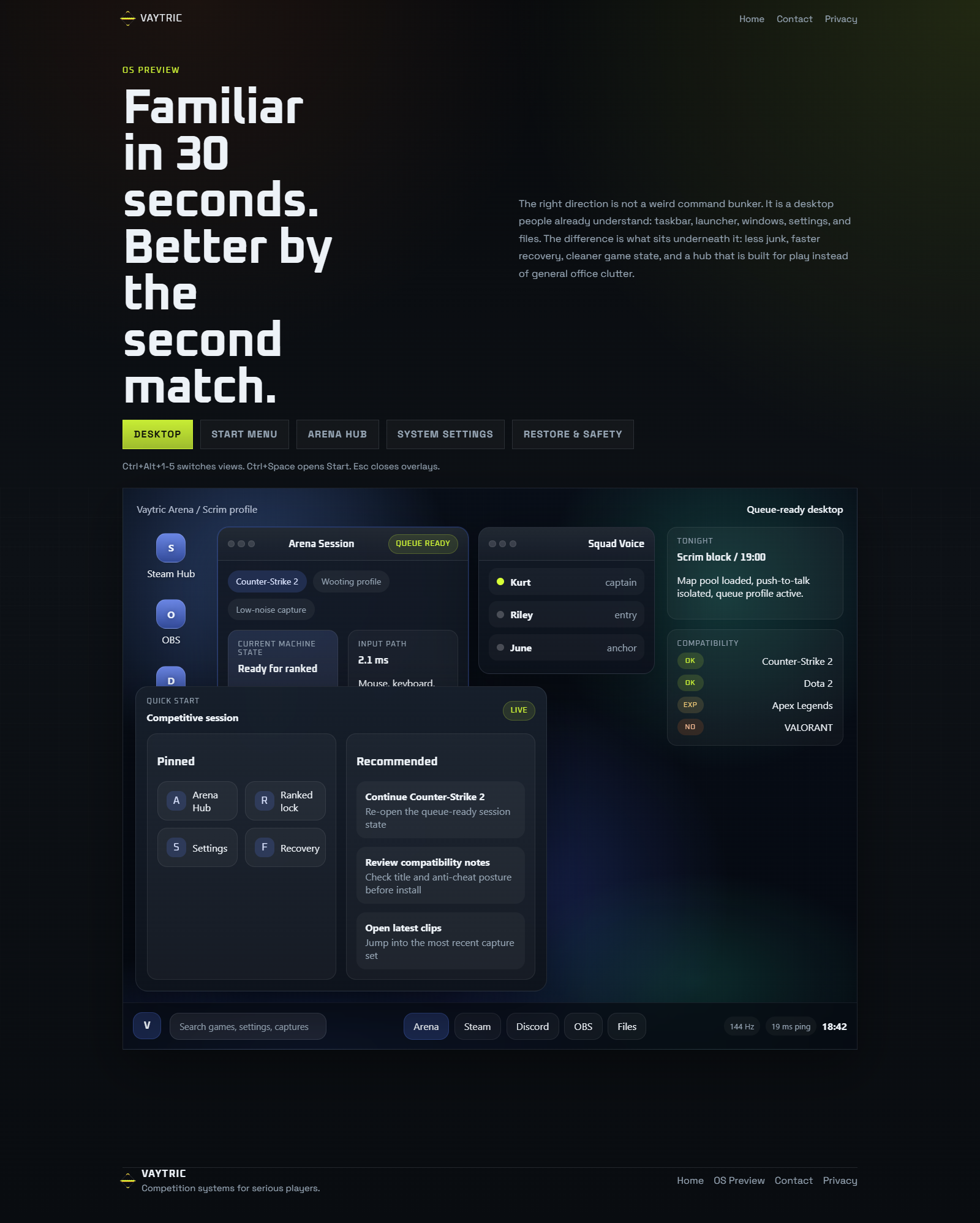Vaytric start menu preview with pinned apps and quick actions.